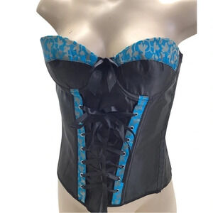 Vintage teal and black underwire padded cups with back ribbon lace up corset